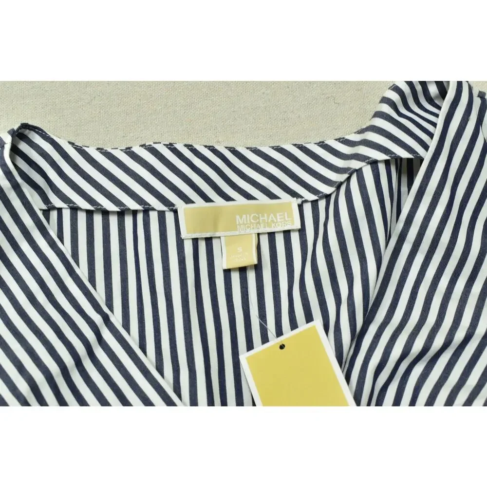 Michael Kors Women's Striped Wrap Dress Regular Size S V Neck Midi Cotton NEW
